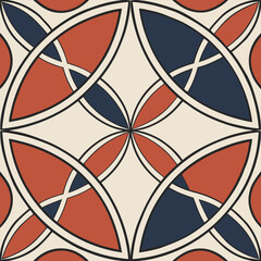 Seamless geometric pattern of interlocking curves in dark blue and red ochre palette decorative style