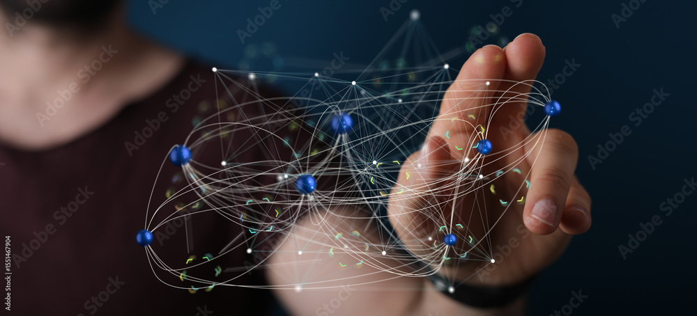 Poster Man interacting with a digital network.  Concept of connectivity, data, technology.