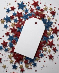 A blank white gift tag surrounded by red and blue glittery stars on a white background. 4th of July sale, Independence day in United States of America celebration