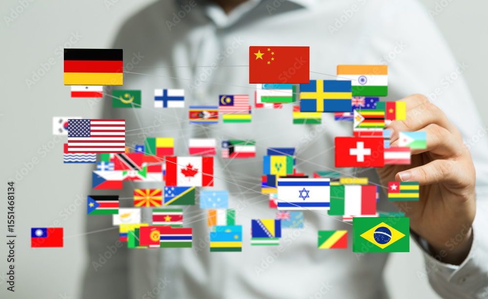 Poster A diverse array of world flags interconnected, symbolizing global collaboration and interconnectedness.