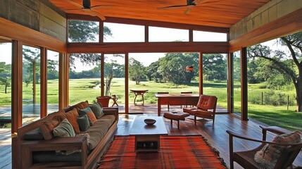 Fototapeta premium Modern living room with expansive windows offering scenic views of a lush green landscape, featuring wooden floors and furniture