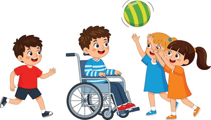 Happy diverse children playing with ball, disabled boy in wheelchair joining friends, inclusive activity, cartoon illustration, smiling, outdoor, vector, fun

 flat vector illustration