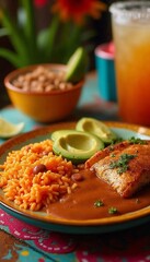 Delicious Mexican meal with rice, beans, fish, and avocado in a colorful setting
