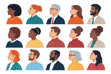 Diverse Profiles: A collection of diverse profile views, showcasing a variety of ethnicities, ages, and hairstyles. Ideal for illustrating diversity, inclusion, and representation in various contexts.