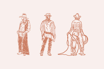 Cowboy Standing Poses – Set of hand-drawn cowboy figures in various standing poses with western outfits, ideal for posters, branding, western scenes, and vintage design themes.