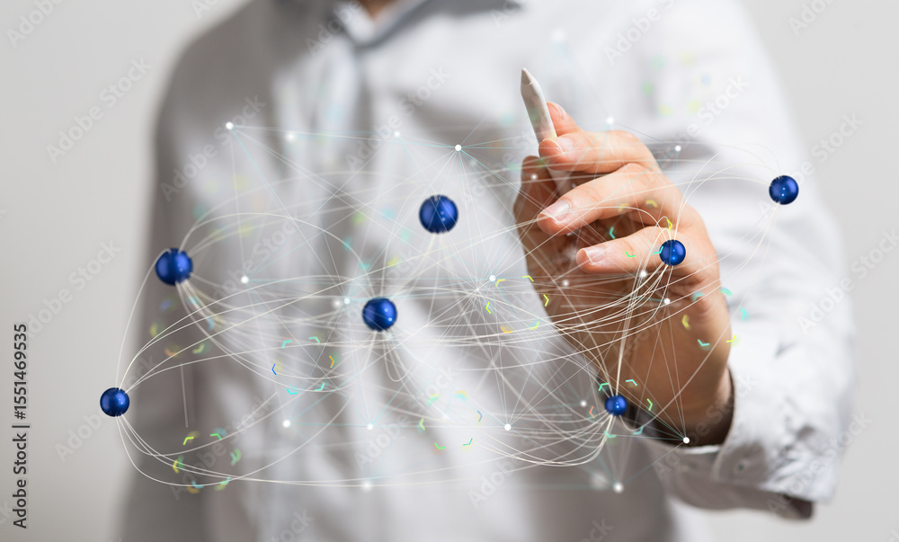 Poster image depicts a person interacting with a digital network, symbolizing global connections and busine