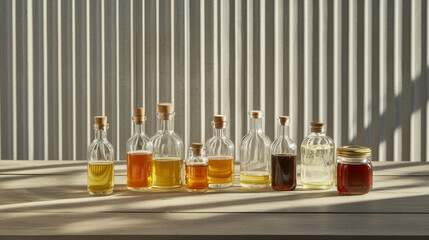 Variety glass bottles filled with homemade vinegar and oil on wooden table background