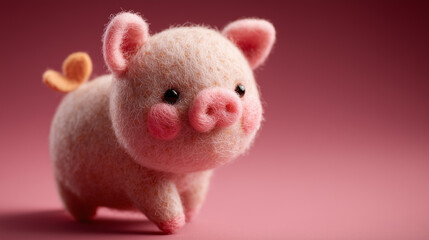 Adorable woolly pig with small butterfly wing, felted animal toy on pink surface, cute and whimsical illustration