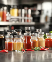 Variety of glass jars and bottles containing hot pepper chilli sauces, background