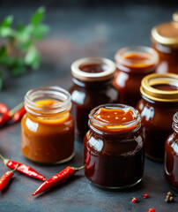Variety of glass jars with hot pepper sauces, ideal for culinary-themed background