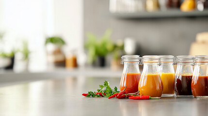 Variety of glass jars and bottles with hot pepper and chilli sauces in kitchen