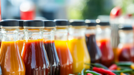 Variety of glass bottles with hot pepper sauces on display, suitable for food background