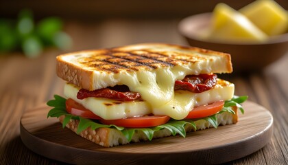 Vegetarian sandwich with grilled vegetables, halloumi cheese and ciabatta.