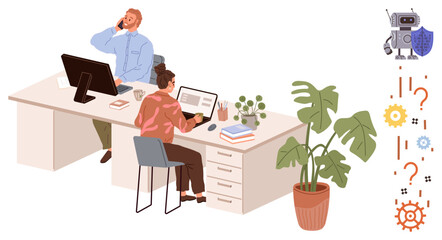 Office workers engaged in tasks at a shared desk, surrounded by a robot, plants, and tech symbols. Ideal for teamwork, AI integration, productivity, modern workspace, innovation problem-solving
