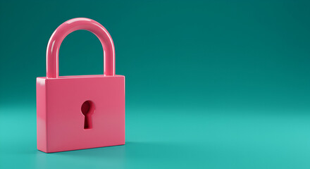 Pink padlock icon in a teal studio setting. Modern design element in a simple pose for security concept. Digital graphic designer with a focus on safety themes. online platform.