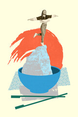Zine sketch image vertical collage of happy korean girl stand bowl rice nutrition vietnamese cafe...