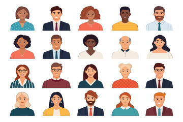 Diverse Avatar Set: Collection of diverse illustrated avatars representing various ethnicities, ages, and genders. Perfect for website design, social media, and online profiles.