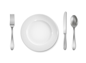 White empty plate with knife,fork and spoon