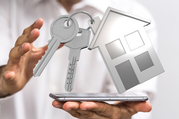 Person holding smartphone with digital house keys, representing real estate, home buying, or...