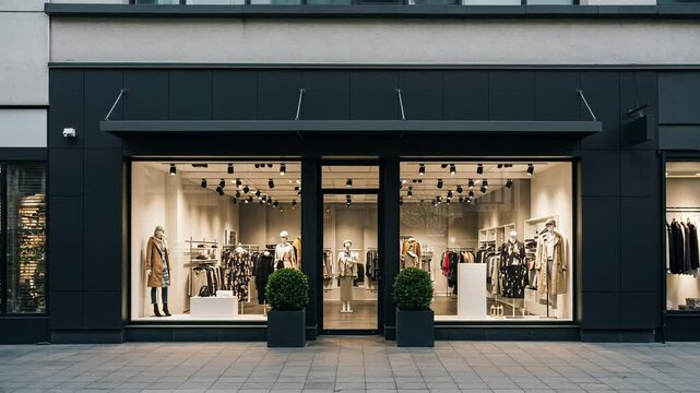 Modern clothing store exterior with large glass windows, mannequins, spotlit interior racks, and black facade on urban shopping street 