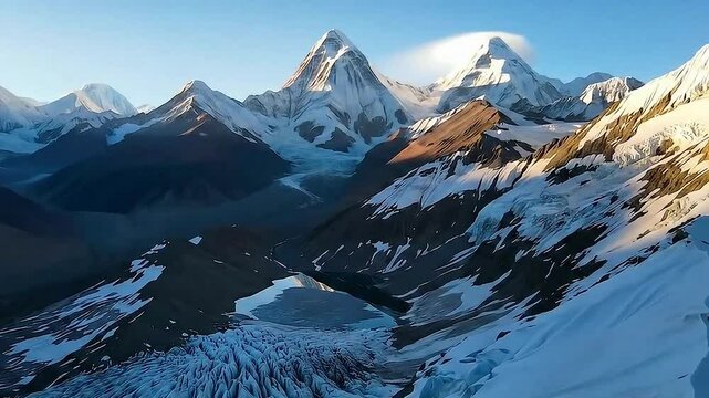 Majestic snow-capped Himalayan peaks and glaciers bathed, View from cable car ascending to Glacier 3000 &ndash; scenic ride over snow-covered forests and mountain slopes in the Swiss Alps during winter