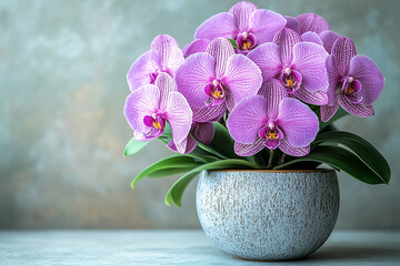 Ceramic vase. Orchid with vibrant purple flowers on a white background. Houseplant in pot.