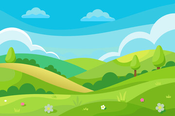 Fototapeta premium Vibrant cartoon landscape with rolling green hills and fluffy clouds