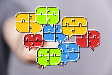 Colorful puzzle pieces in speech bubbles symbolize teamwork, communication, and problem-solving.