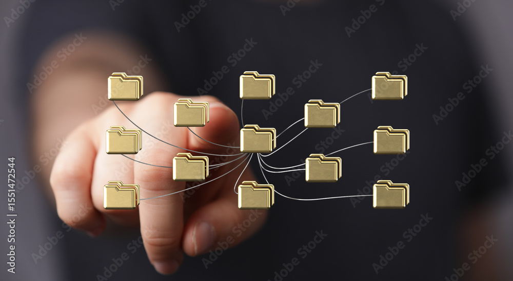 Poster Person interacting with a network of digital folders, representing data management and connectivity.