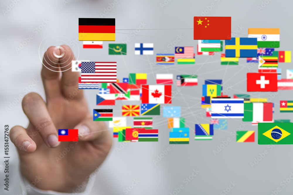 Aufkleber A hand interacts with a digital network showing flags of many countries, symbolizing global interconnectedness.