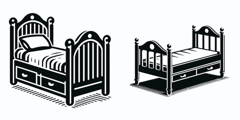 Obraz premium Trundle Bed. Furniture Interior Decoration Cartoon Animal Clipart Line Art Vector Illustration. Hideaway cot small space-saver furniture bedroom unit for child or adult.