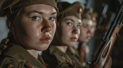 A close-up portrait of a young female historical reenactor in a 1941 Red Army uniform. She has light eyes, freckles, and a serious expression while holding a rifle, with comrades blurred behind her