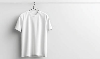 A plain, white T-shirt hangs on a hanger against a white background.
