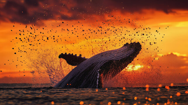 A majestic humpback whale breaches dramatically from a purple-hued ocean at sunset. The water erupts in a spray of golden droplets against a fiery orange sky, creating a powerful image of nature's bea