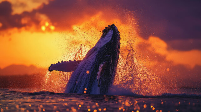 A majestic humpback whale breaches dramatically from a purple-hued ocean at sunset. The water erupts in a spray of golden droplets against a fiery orange sky, creating a powerful image of nature's bea