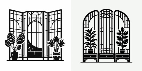 Room Divider. Furniture Interior Decoration Cartoon Animal Clipart Line Art Vector Illustration. Zone partition panel folding privacy screen for home or office space.