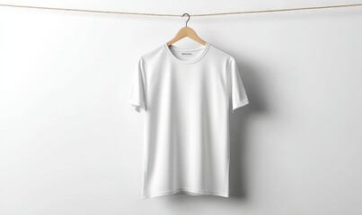 A plain, white T-shirt hangs on a hanger against a white background.