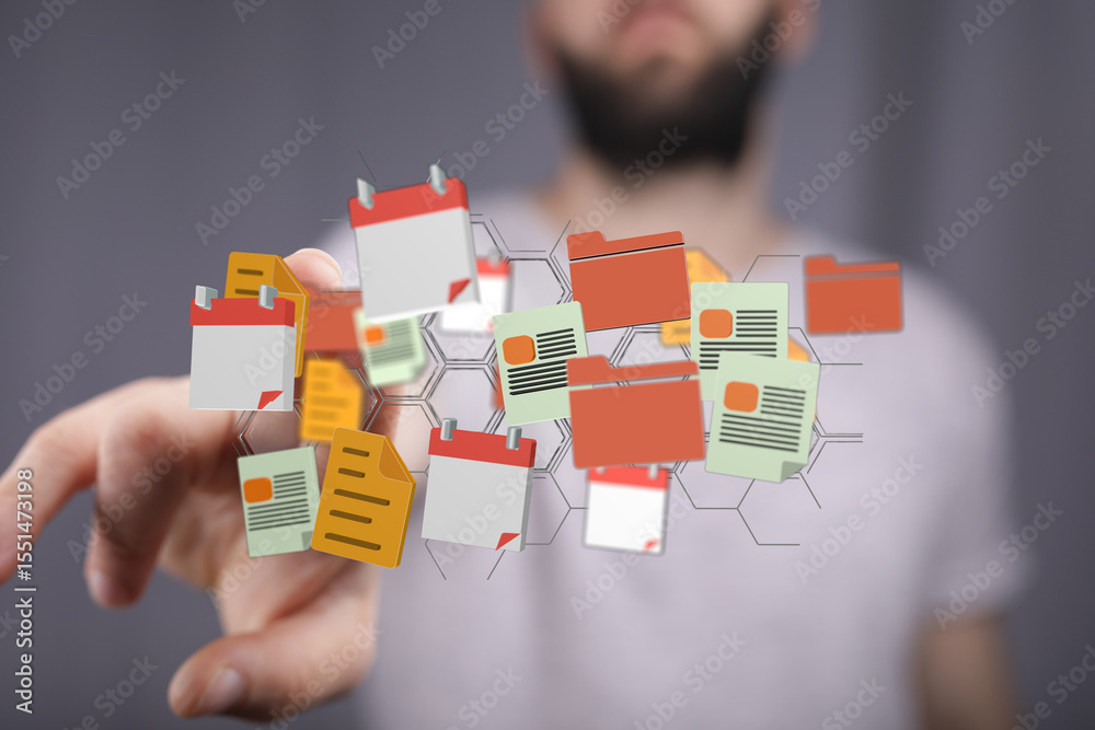 Poster person interacting with digital files, folders, and calendars. efficient organization and scheduling