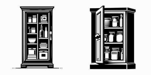 Obraz premium Pantry Cabinet. Furniture Interior Decoration Cartoon Animal Clipart Line Art Vector Illustration. Kitchen storage unit larder cupboard for provisions meal container area.