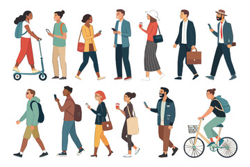 Fototapeta premium Digital Natives: Modern individuals absorbed in their smartphones, navigating urban environments, with a spectrum of ages and diverse activities in a vibrant digital age.