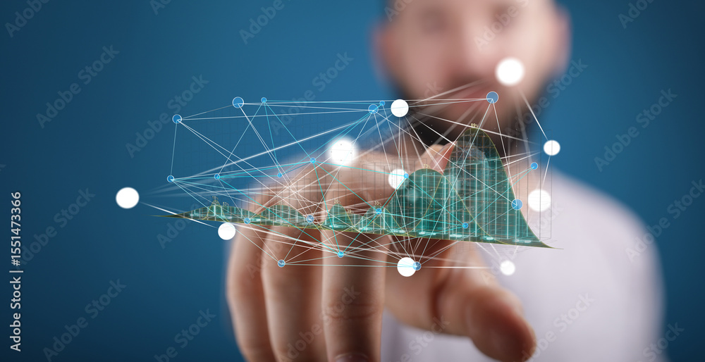 Poster Image of a man interacting with a holographic projection of data, showcasing network connections and growth charts.