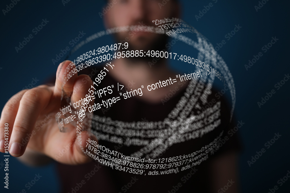 Poster A person interacts with a futuristic holographic display showing code.  Technology concept.
