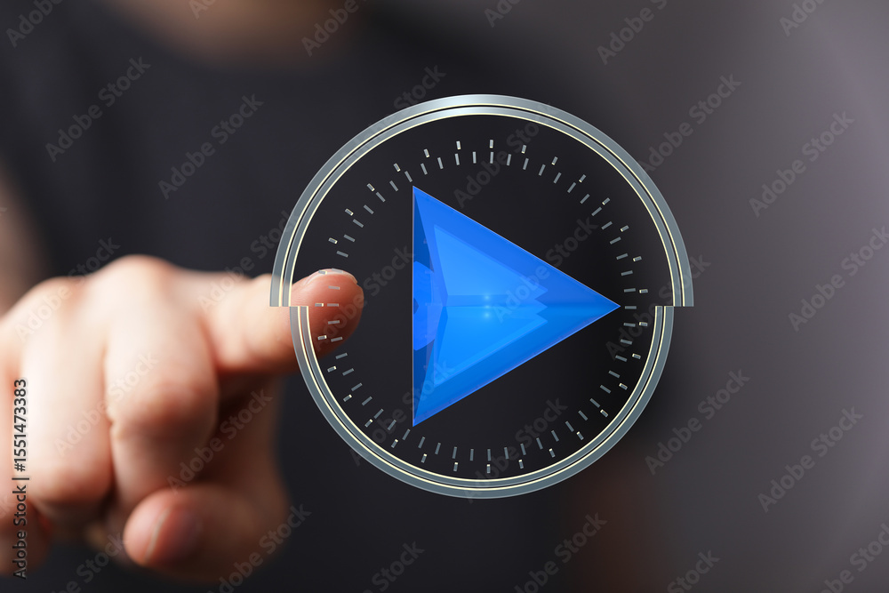 Poster abstract image of a finger touching a futuristic play button. perfect for tech, media, and innovatio
