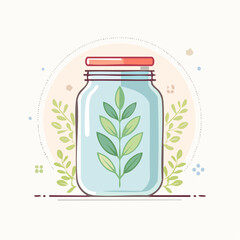 A mason jar with a red lid containing a plant with green leaves