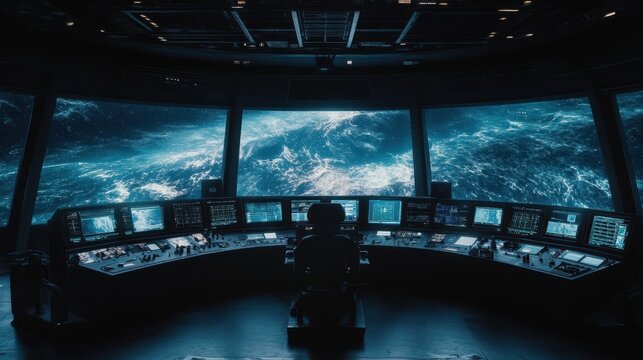 Futuristic Control Room Overlooking Vast Ocean and Starry Sky