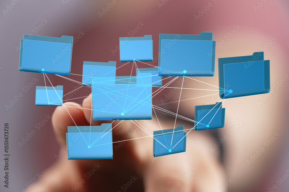 Poster Concept image of a network of digital files, representing data sharing and cloud storage.