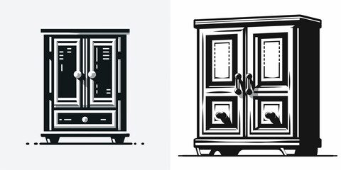 Cupboard. Furniture Interior Decoration Cartoon Animal Clipart Line Art Vector Illustration. Storage unit for kitchenware house ware and pantry provision inside home.