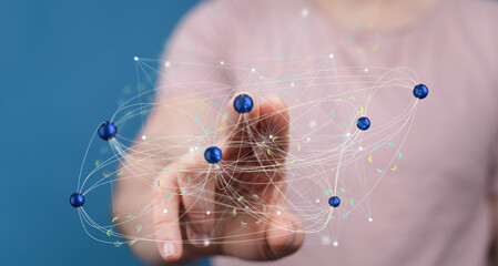 Image depicting a hand interacting with a digital network, showing data flow and connections.