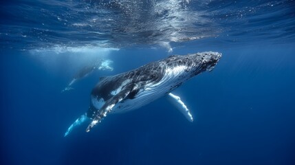 Fototapeta premium Humpback whale playfully swimming underwater in clear blue ocean with bubble trail. Giant marine mammal gliding peacefully in tropical sea, symbol of freedom, nature, adventure, wildlife, ocean life