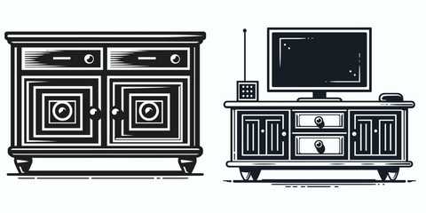 Credenza. Furniture Interior Decoration Cartoon Animal Clipart Line Art Vector Illustration. Sideboard item for office dining area and home storage solution.